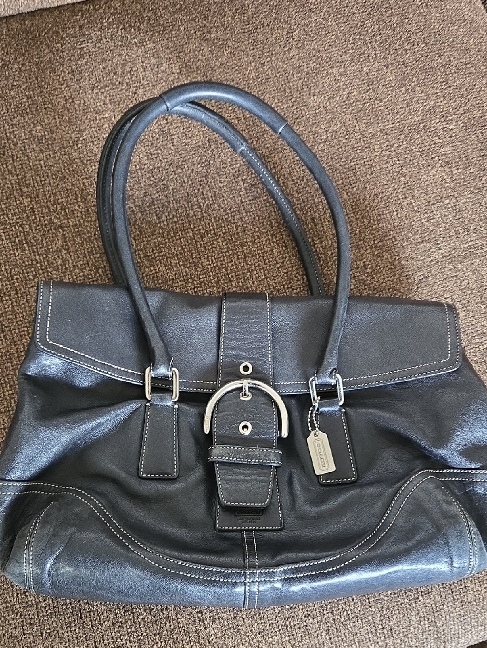 Coach Black Leather Buckle Tote with Silver Hardware